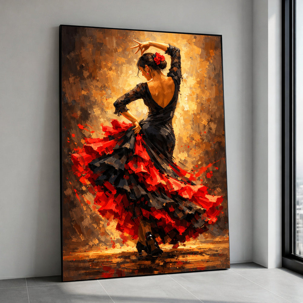 Vibrant Flamenco Dancer Canvas, Spanish Dance Wall Art, Red and Black Dress Art, Expressive Movement Painting, Latino Canvas Print Art