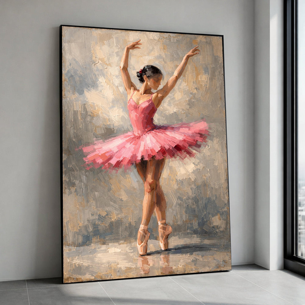 Elegant Ballerina in Pink Tutu Canvas Wall Art, Ballet Dance Painting, Dancer Pose Home Decoration, Modern Impressionist Canvas Print Art