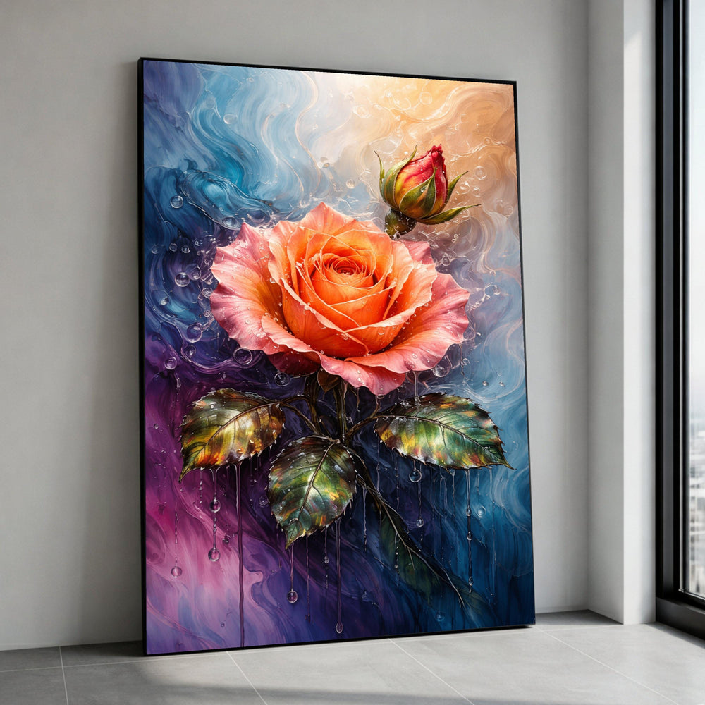 Vibrant Orange Rose Canvas, Water Droplets Floral Wall Art, Abstract Background Painting, Home Decor Canvas, Botanical Canvas Print Art