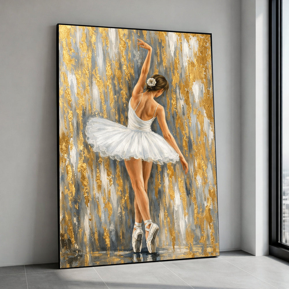 Elegant Ballerina Dance, White Tutu Canvas, Ballet Art Print, Gold Abstract Background, Classical Dance Canvas, Wall Decor Canvas Print Art