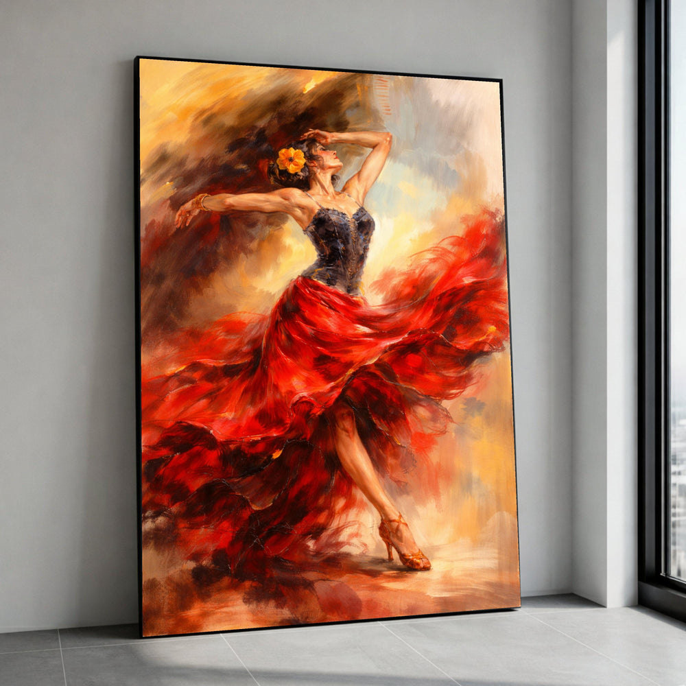 Flamenco Dance Passion Canvas, Red Skirt Motion Wall Art, Elegant Female Dancer Painting, Vibrant Ballroom Art, Ready to Canvas Print Art