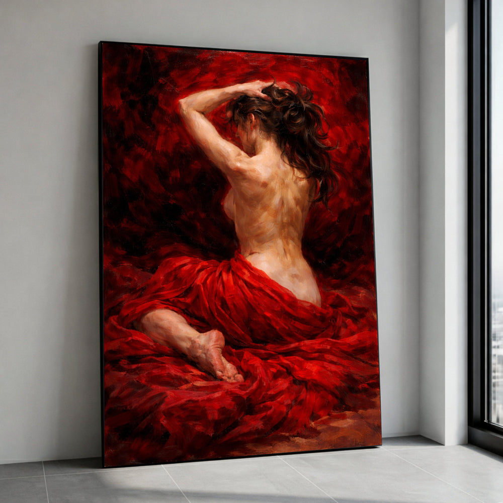 Sensual Nude Woman Sitting Canvas Wall Art, Red Draped Fabric Painting, Romantic Female Portrait, Classic Figurative Art, Canvas Print Art