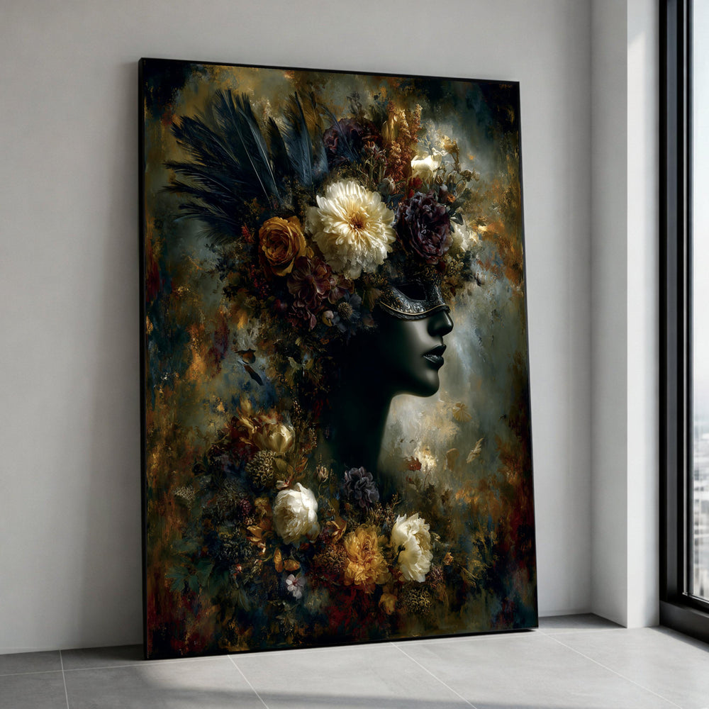 Elegant Venetian Mask Portrait Canvas, Dark Floral Headdress Wall Art, Surreal Woman Face Painting, Mystical Decorative Canvas Print Art