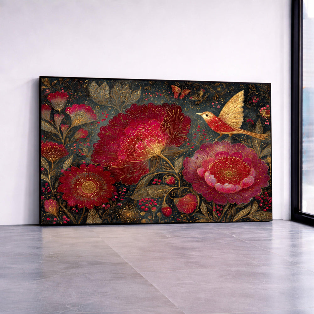 Elegant Red Floral Canvas Wall Art, Gold Accent Flowers and Bird Design, Vintage Botanical Canvas, Nature Home Décor, Ready Canvas Print Art
