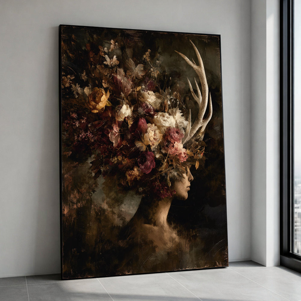 Dark Floral Portrait Canvas, Woman with Antlers Wall Art, Surreal Nature Decor, Rustic Botanical Canvas, Unique Home Canvas Print Art