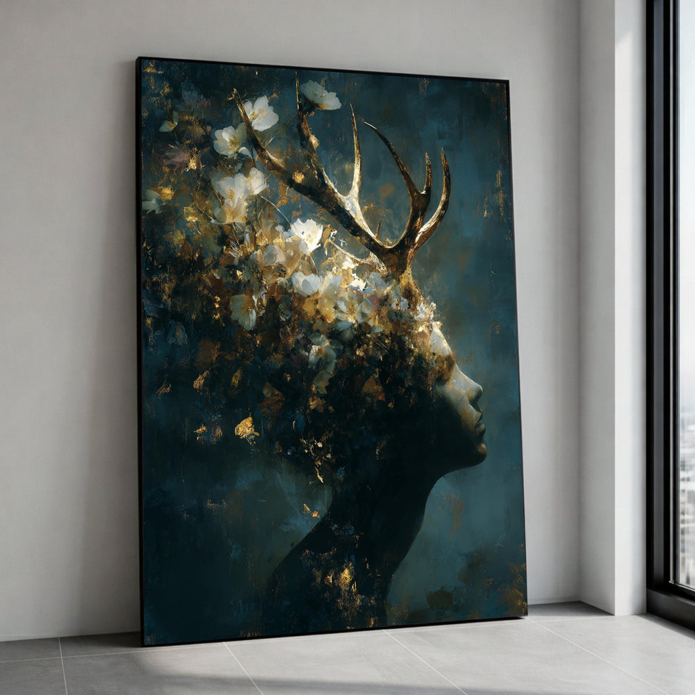 Mystical Woman Profile Canvas, Floral Antlers Wall Art, Ethereal Nature Portrait, Dark Blue Gold Accent Canvas, Modern Home Canvas Print Art