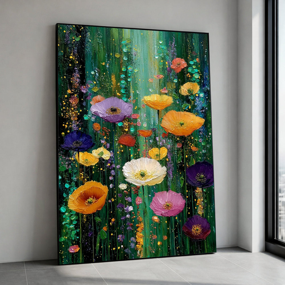 Vibrant Wildflower Garden Canvas, Floral Wall Art, Colorful Poppy Flowers Painting, Nature Canvas Decoration Canvas Print Art