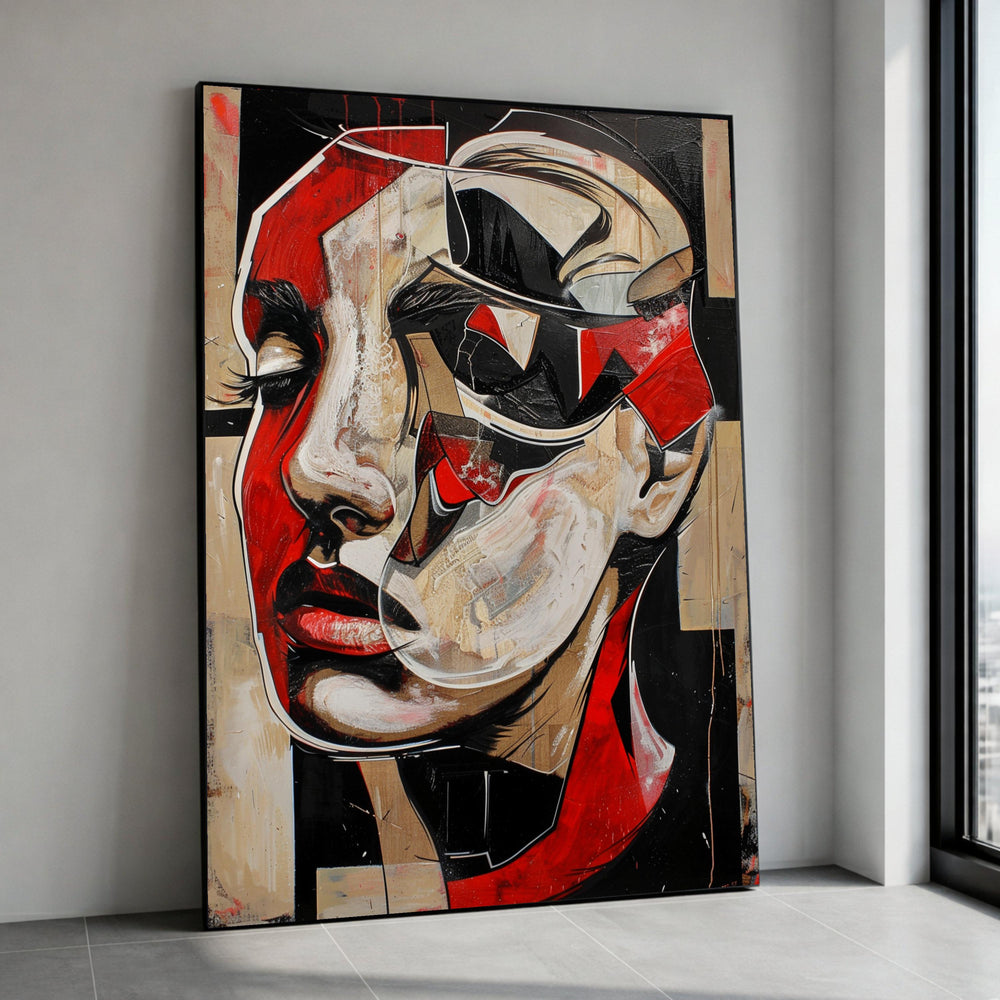 Abstract Woman Portrait Canvas, Modern Art Wall Decor, Geometric Face Painting, Red Black Beige Canvas, Contemporary Home Canvas Print Art