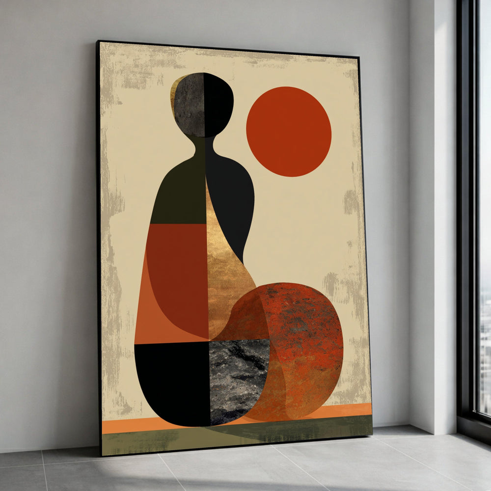 Abstract Geometric Figure with Red Sun, Modern Minimalist Canvas Wall Art, Earth Tone Home Decor, Contemporary Abstract Canvas Print Art