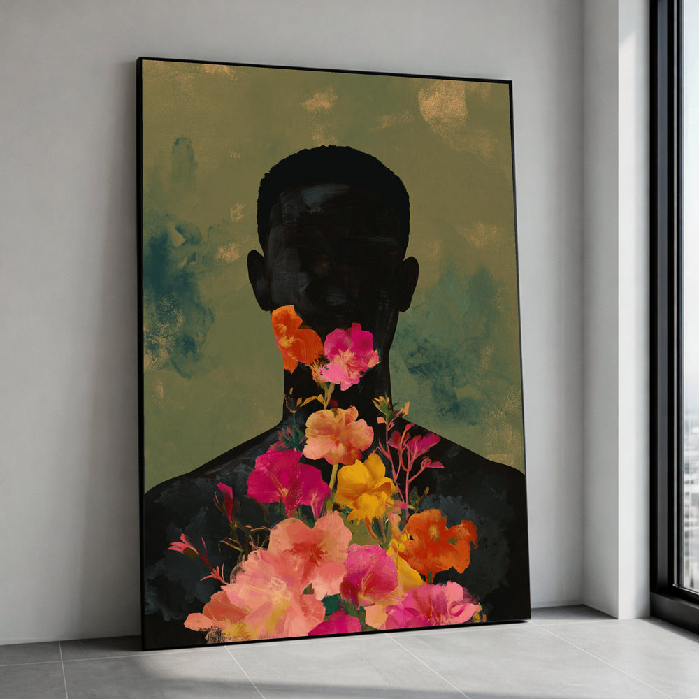Abstract Silhouette with Vibrant Flowers, Contemporary Floral Canvas, Colorful Botanical Wall Art, Modern Home Decoration Canvas Print Art