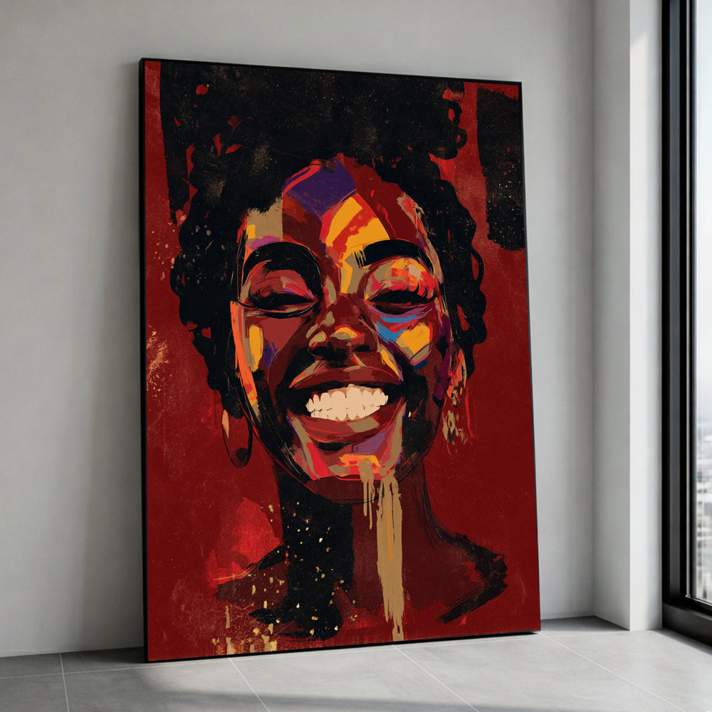 Vibrant Smiling Woman Portrait Canvas, Colorful Abstract Face Art, Afrocentric Wall Decor, Modern Expressionist Canvas, Canvas Print Art