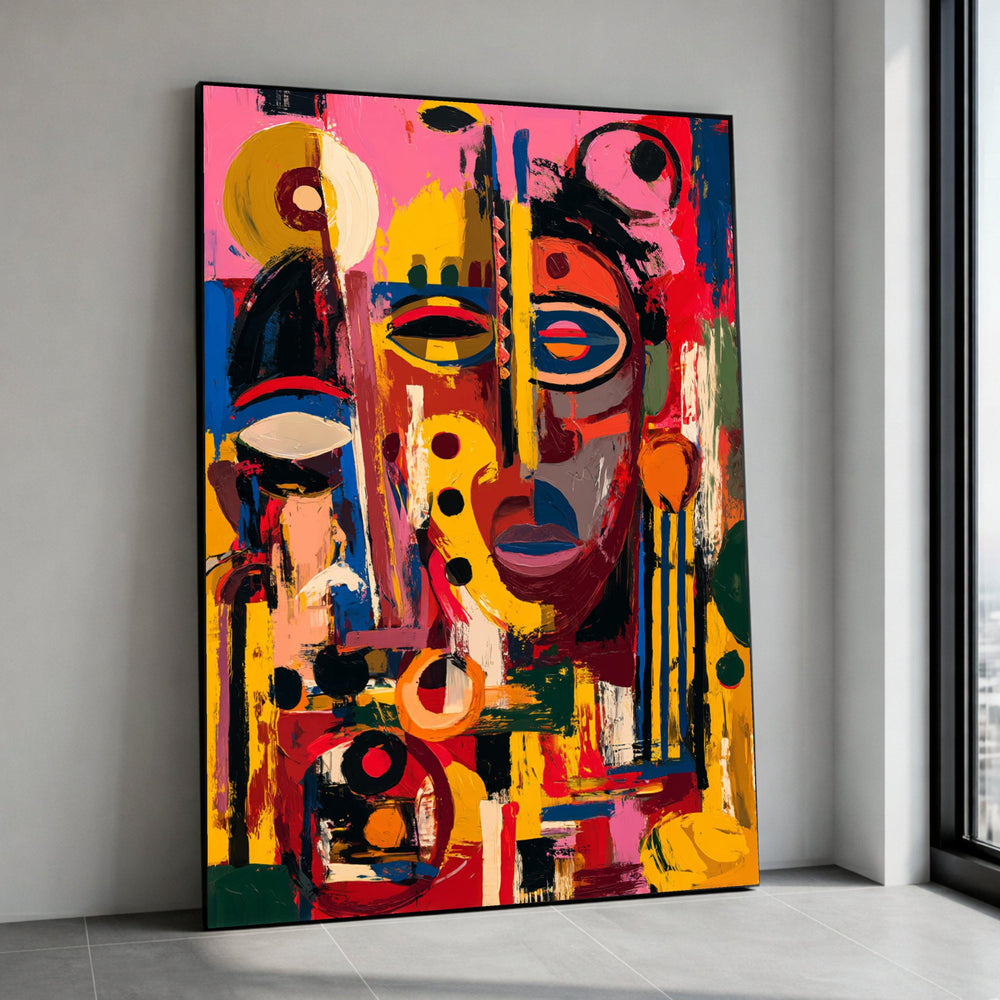 Colorful African Abstract Faces Canvas, Modern Tribal Wall Art, Bold Geometric Painting, Vibrant Ethnic Décor, Statement Canvas Print Art