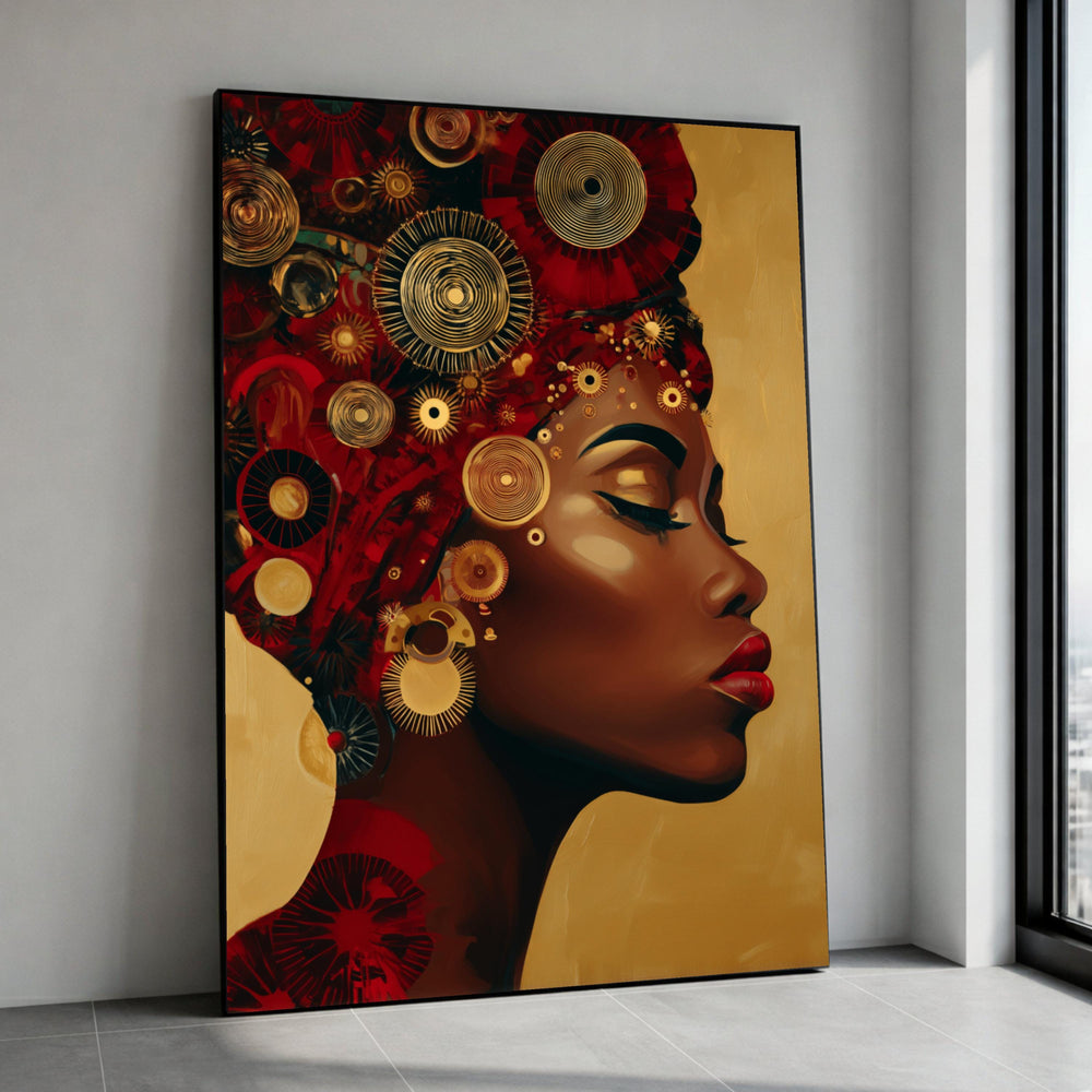 Elegant African Woman Profile Canvas, Red and Gold Headwrap Art, Bold Portrait Wall Decor, Modern Ethnic Canvas, Ready to Canvas Print Art