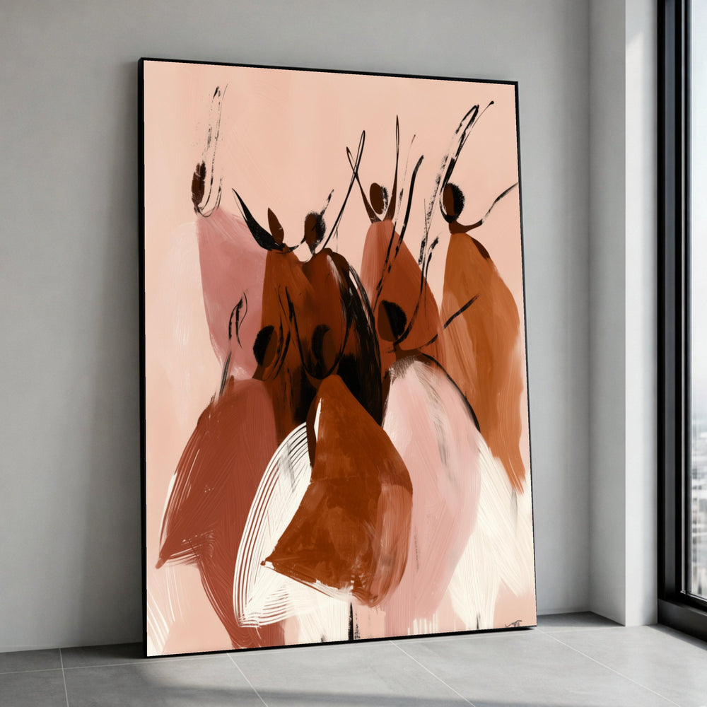 Abstract Dancing Figures Canvas Wall Art, Modern African Women Silhouettes, Ethnic Celebration Painting, Warm Neutral Canvas Print Art