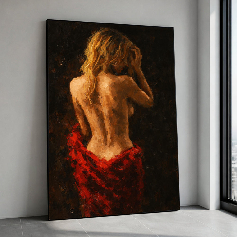 Sensual Woman Back View Canvas Art, Abstract Nude Female Figure, Red Draped Fabric Painting, Modern Erotic Wall Decor, Home Canvas Print Art