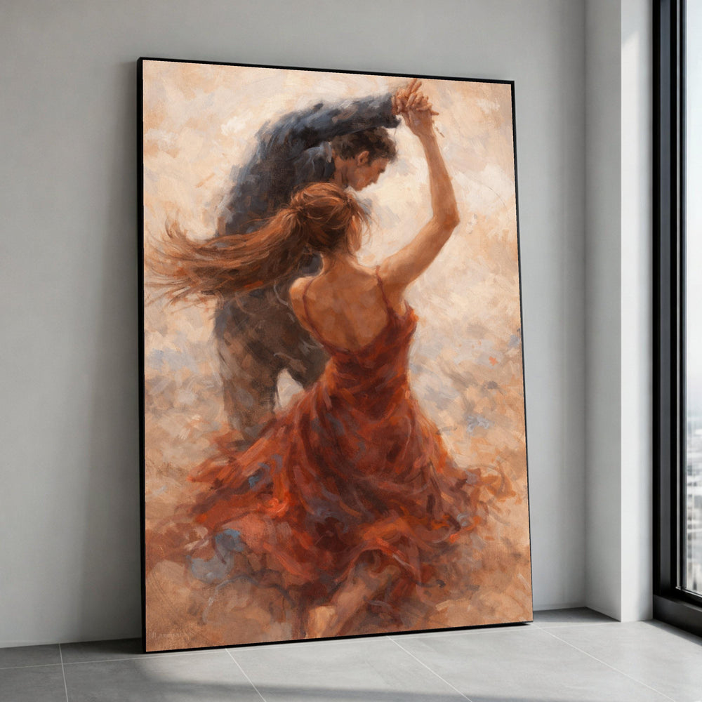 Passionate Dance Couple Canvas, Romantic Flamenco Wall Art, Dynamic Movement Painting, Red Dress Dance Scene, Home Decor Canvas Print Art