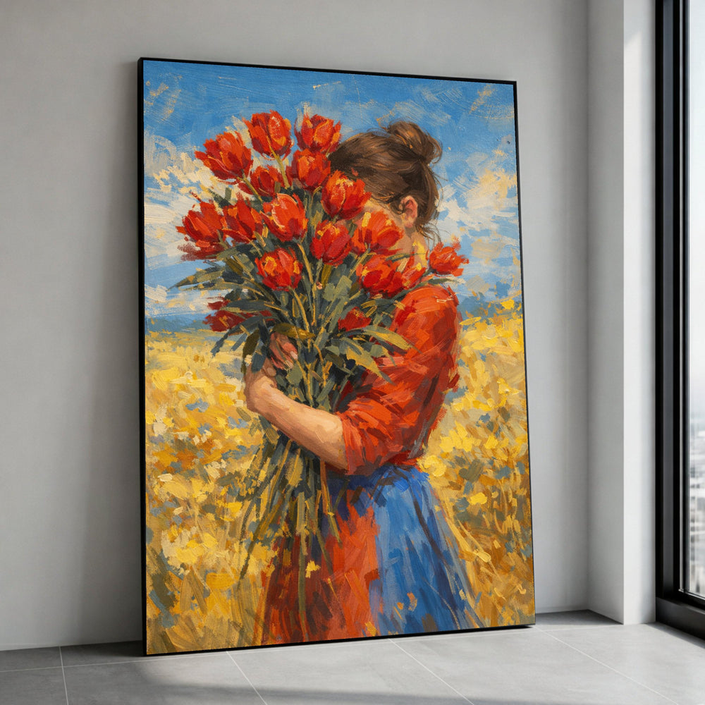 Woman Hugging Red Tulips Canvas Wall Art, Impressionist Floral Painting, Vibrant Nature Scene, Spring Bouquet Canvas, Home Canvas Print Art