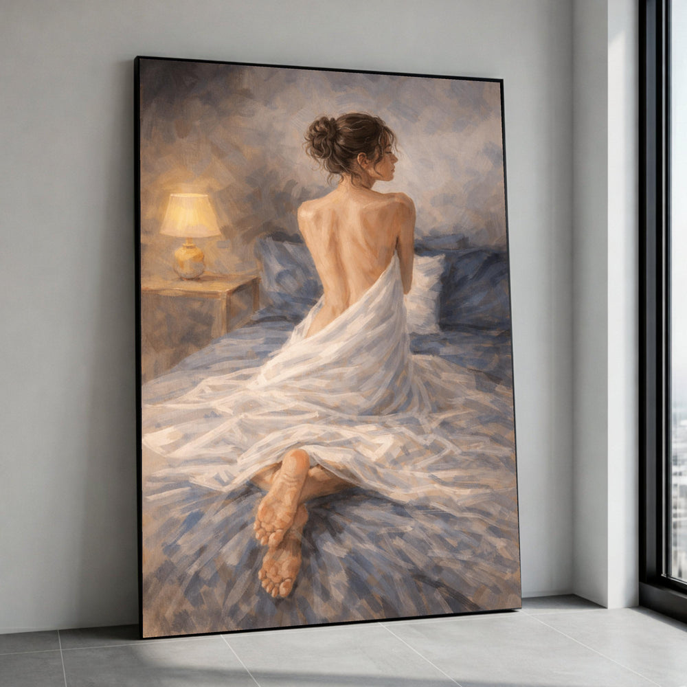 Elegant Bedroom Scene Canvas, Woman Draped in White Sheet, Soft Lighting Wall Art, Intimate Home Decor, Modern Figurative Canvas Print Art