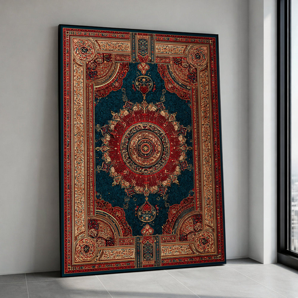 Ornate Persian Rug Design Canvas, Traditional Mandala Pattern Wall Art, Vintage Style Home Decor, Elegant Red and Blue Canvas Print Art