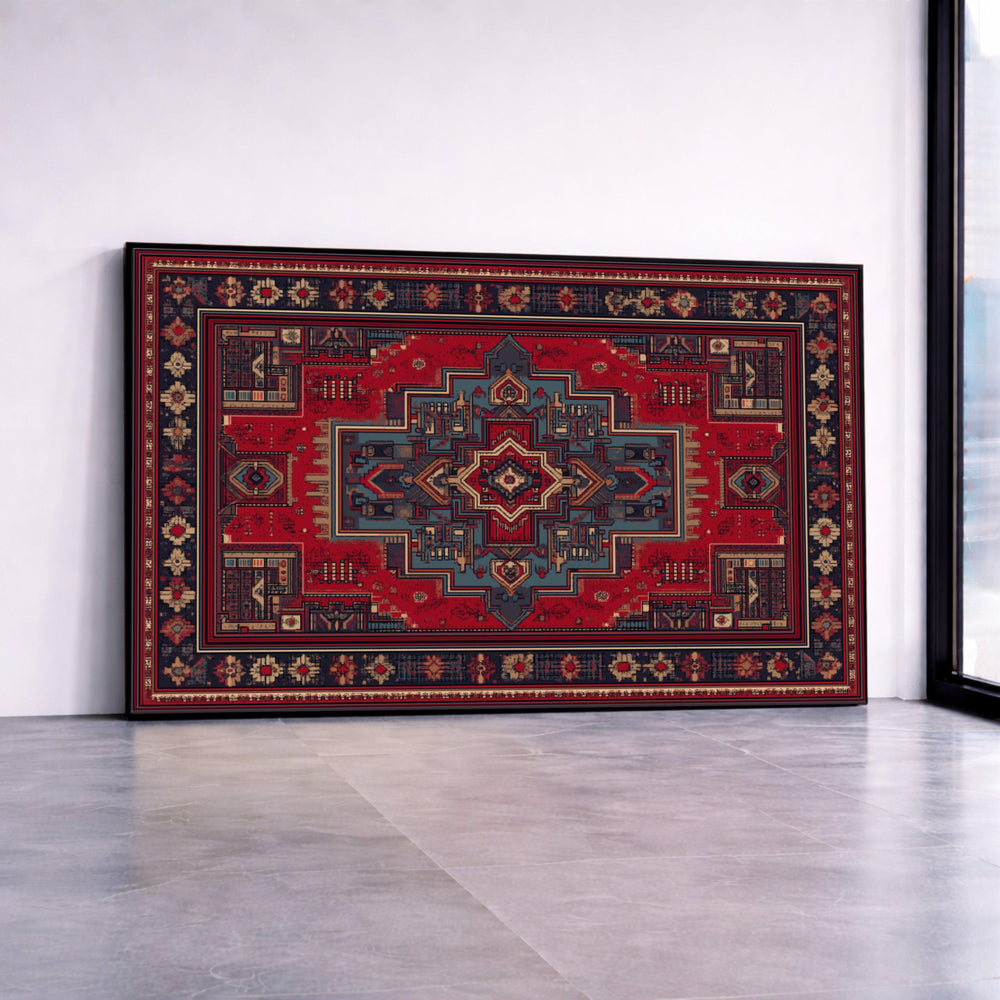 Vintage Persian Rug Design Canvas, Traditional Oriental Pattern Wall Art, Red Blue Decorative Canvas, Ethnic Home Decor, Canvas Print Art