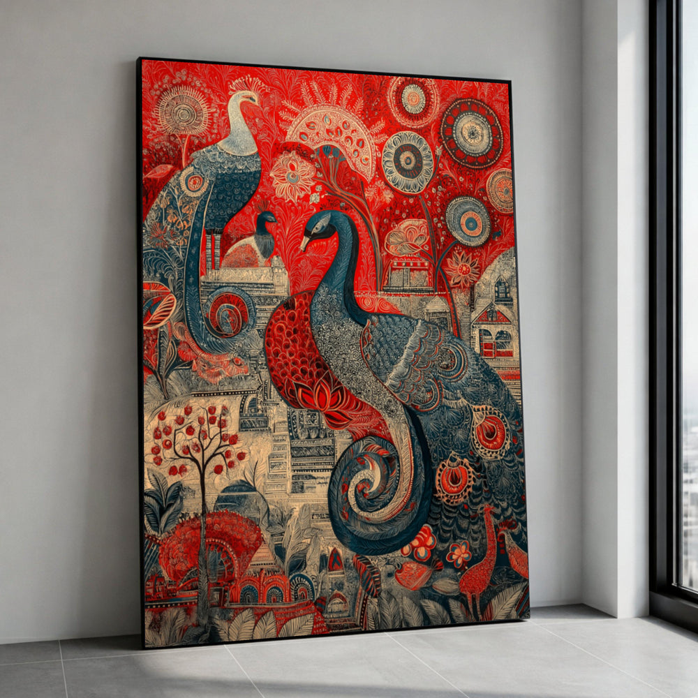 Elegant Peacock and Floral Pattern Canvas, Indian Folk Art Style, Vibrant Red and Blue Wall Art, Decorative Nature Scene on Canvas Print Art
