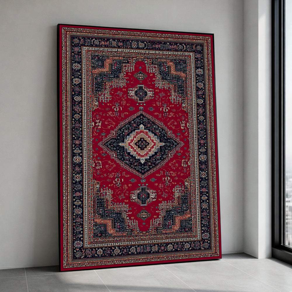 Persian Style Rug Canvas Wall Art, Traditional Oriental Carpet Design, Red & Navy Blue Decorative Canvas, Classic Vintage Canvas Print Art
