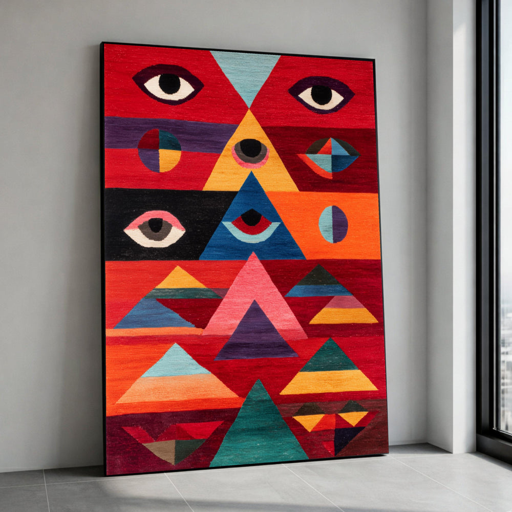 Abstract Geometric Eyes Canvas, Modern Pyramid Shapes Wall Art, Colorful Red Blue Orange Design, Contemporary Home Canvas Print Art