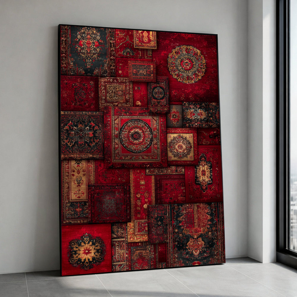 Vintage Persian Rug Patchwork Canvas Wall Art, Red Oriental Patterned Tapestry, Classic Bohemian Home Decor, Elegant Canvas Print Art