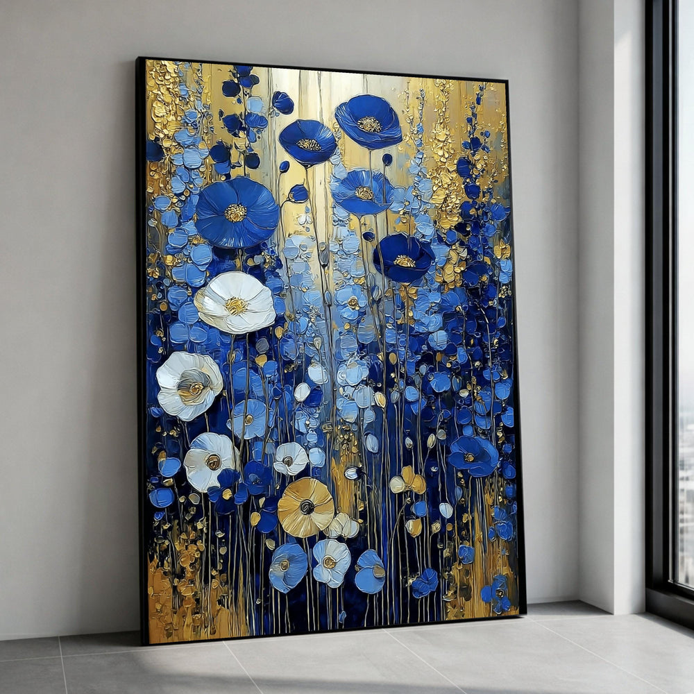 Abstract Blue and Gold Floral Canvas, Modern Flower Wall Art, Poppy Painting, Elegant Home Decor, Ready to Hang Canvas Art Canvas Print Art