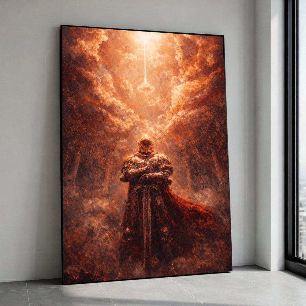 Majestic Knight in Fiery Armor, Epic Fantasy Canvas Wall Art, Glowing Sword Artwork, Medieval Warrior Decor, Dramatic Canvas Print Art