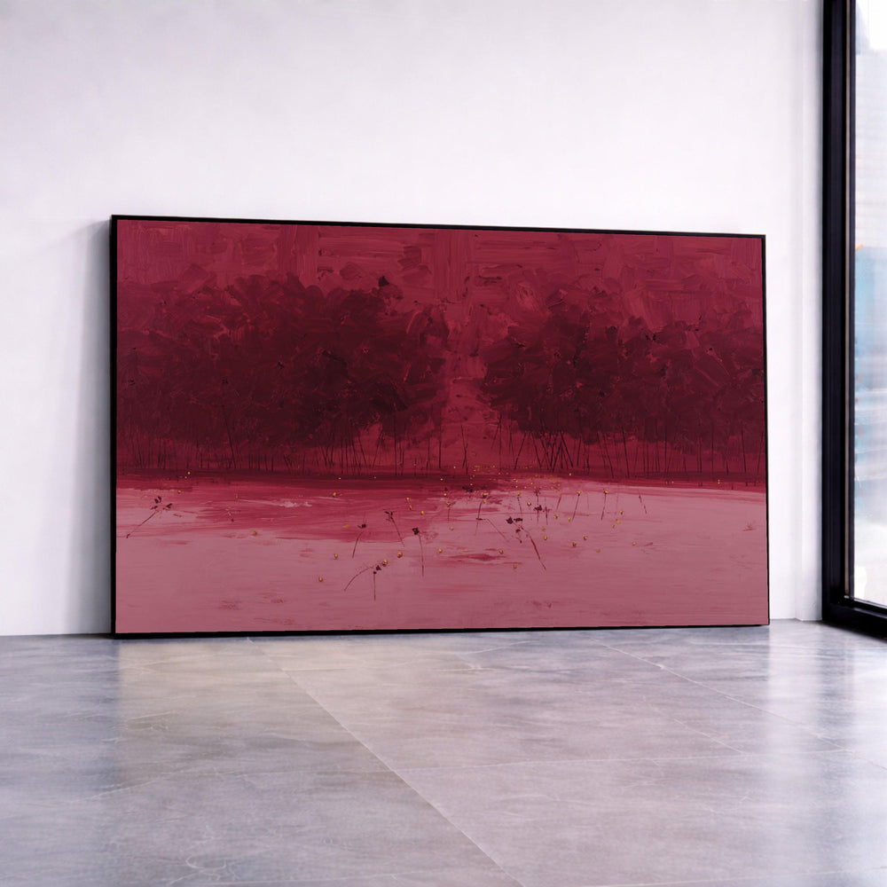 Deep Red Forest Canvas Wall Art, Abstract Landscape Painting, Modern Nature Decor, Tree Silhouettes, Bedroom Living Room Canvas Print Art