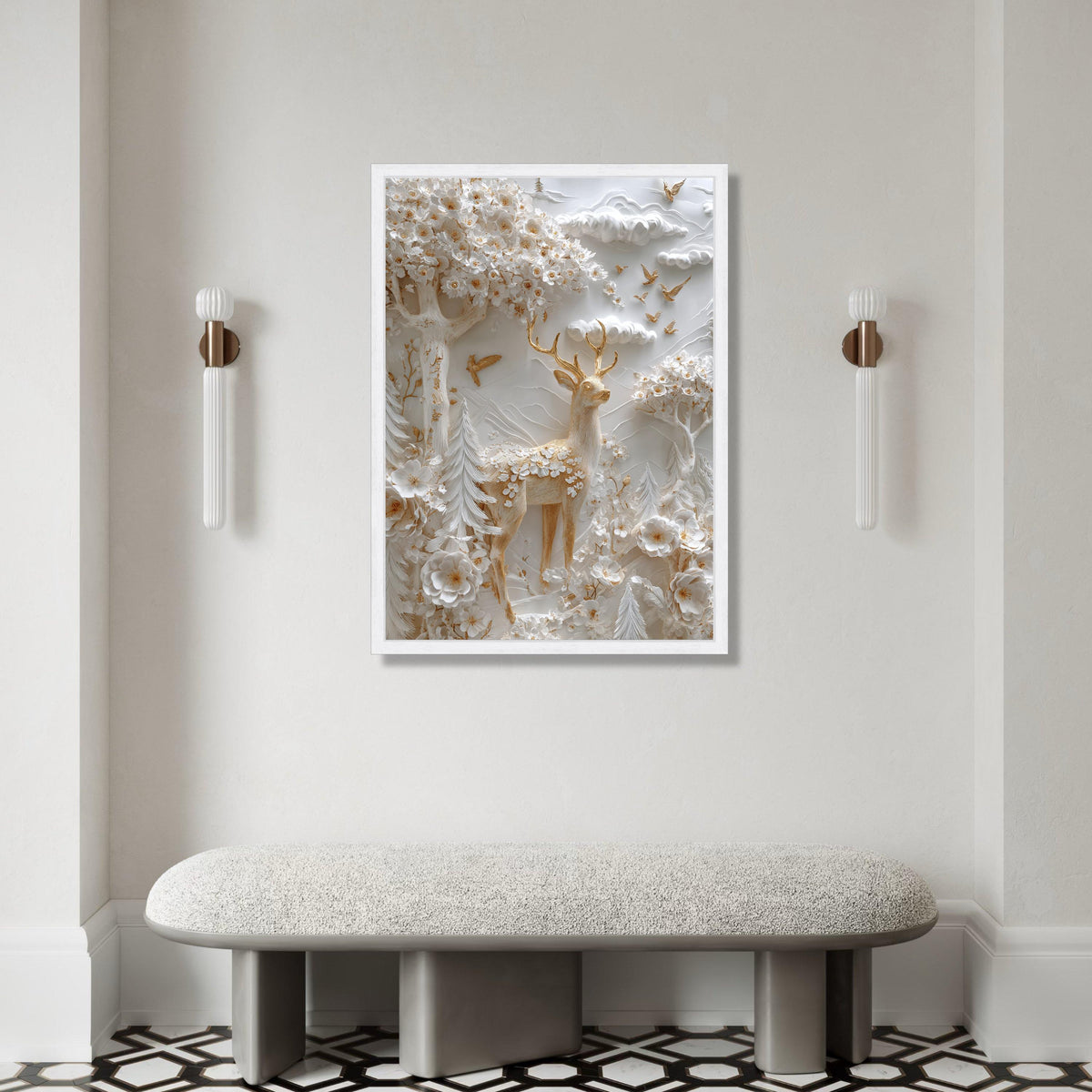 Elegant Deer and Blossoming Trees Canvas, Floral Wall Art, Home Decor, Gold Accents Wildlife Canvas, Ready to Hang Canvas Print Art