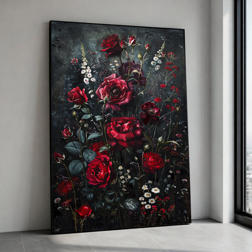 Dark Garden Roses Canvas, Red Floral Wall Art, Romantic Bouquet Canvas, Botanical Wall Decoration, Home Flower Canvas Art Canvas Print Art