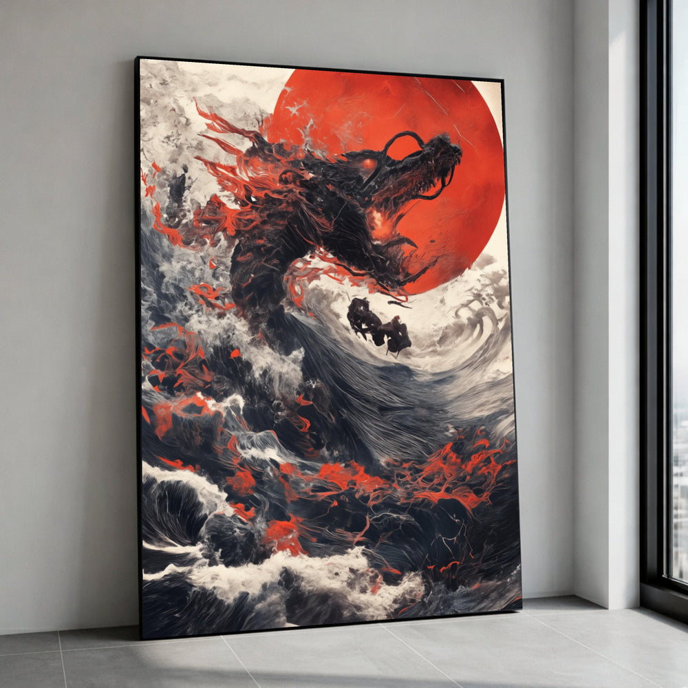 Fierce Dragon Rising Canvas Wall Art, Abstract Red Sun, Fantasy Mythical Creature Painting, Dramatic Ocean Waves, Home Canvas Print Art