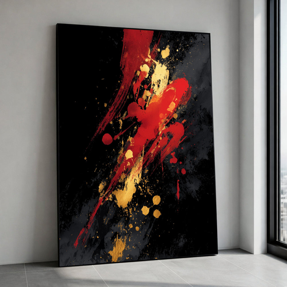 Bold Red and Gold Abstract Canvas, Modern Splatter Art, Black Background Wall Art, Contemporary Home Decoration, Ready to Canvas Print Art