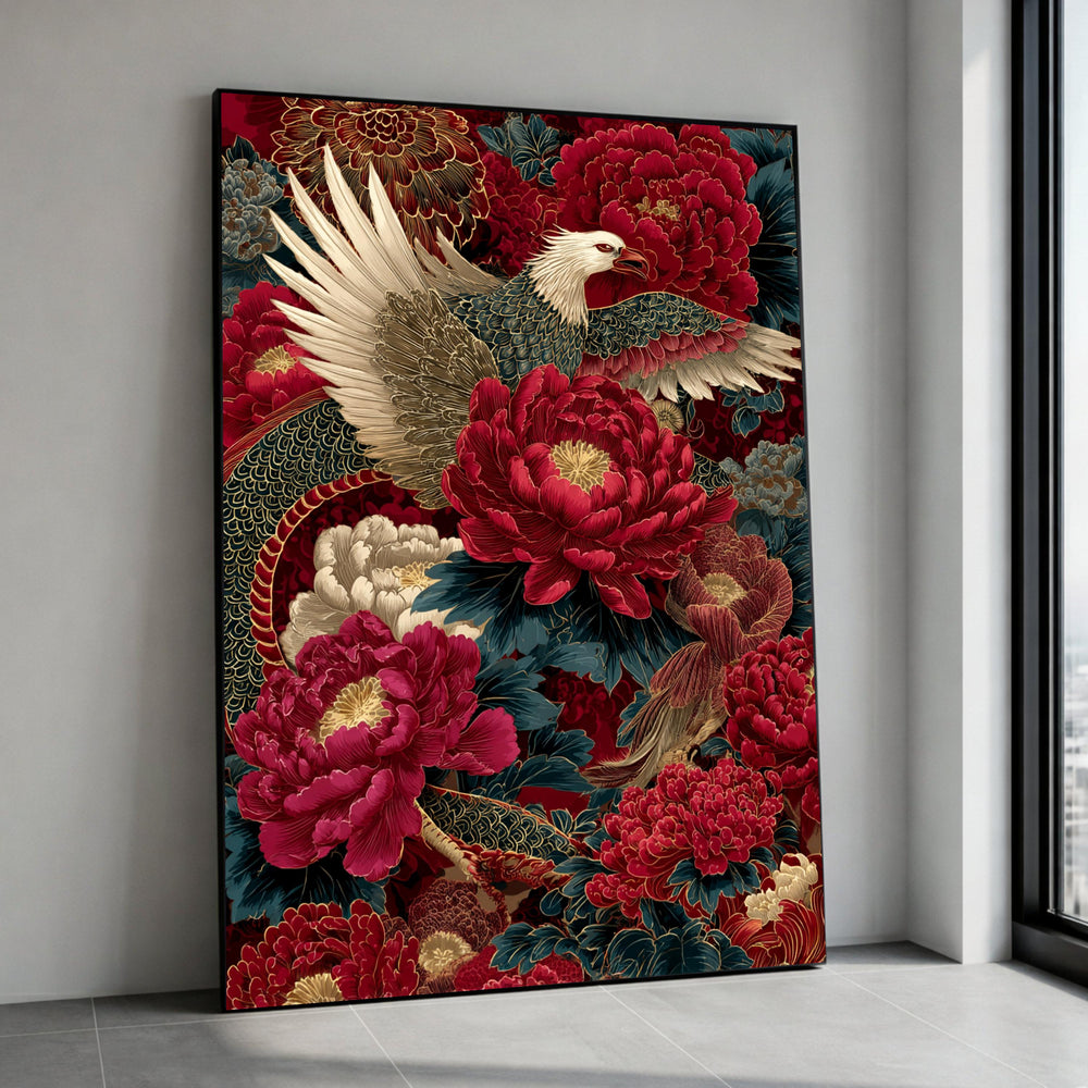 Majestic Eagle and Vibrant Peonies Canvas Wall Art, Floral Bird Artwork, Elegant Nature Home Decor, Red and Gold Botanical Canvas Print Art