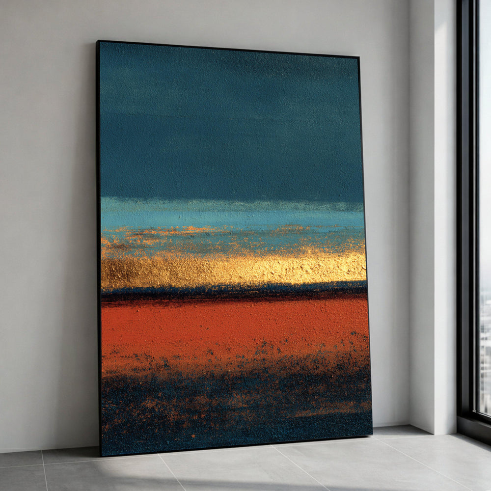 Modern Abstract Layers Canvas Wall Art, Blue and Rust Stripes, Gold Accent Painting, Contemporary Home Decor, Ready to Hang Canvas Print Art