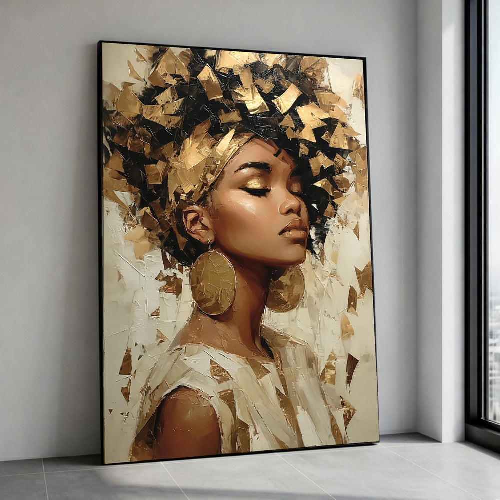 Elegant African Woman Portrait Canvas, Gold Accent Wall Art, Modern Canvas Painting, Home Décor Artistic Print, Ready to Canvas Print Art