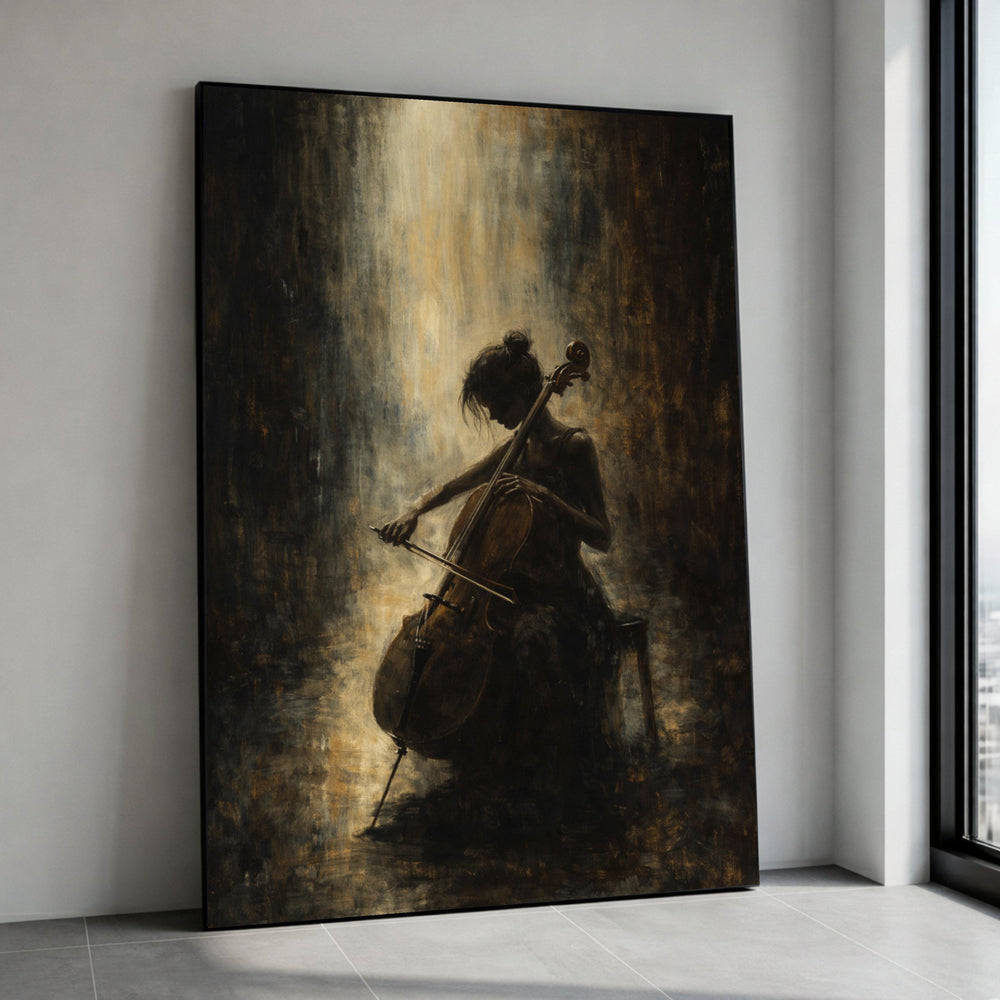 Intimate Cello Player Silhouette, Moody Music Canvas Wall Art, Dark Artistic Home Decor, Classical Instrument Painting, Canvas Print Art