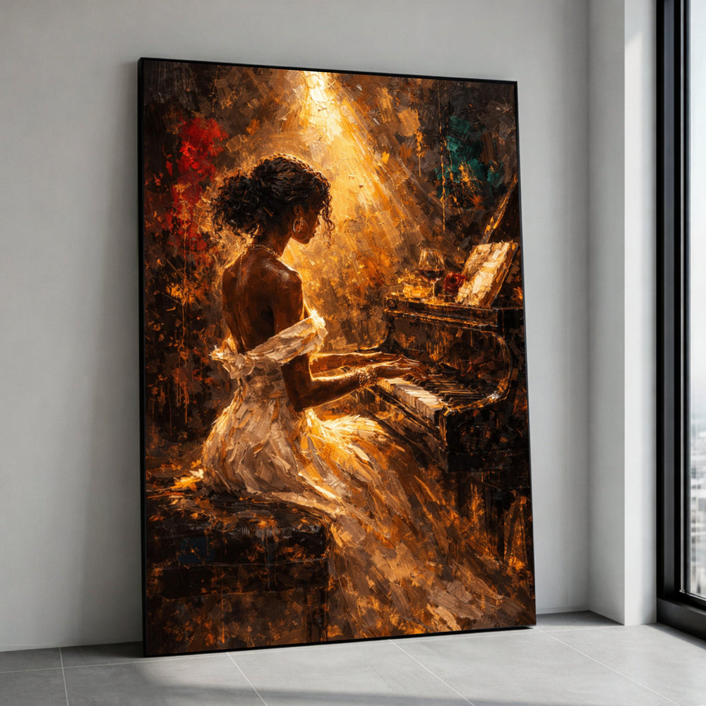 Elegant Woman Playing Piano Canvas, Romantic Music Art, Impressionist Style Wall Decor, Warm Light Portrait Painting, Home Canvas Print Art