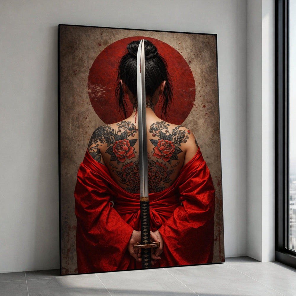 Samurai Woman Back Tattoo Canvas, Red Kimono Wall Art, Japanese Sword Illustration, Asian Culture Canvas, Modern Warrior Canvas Print Art