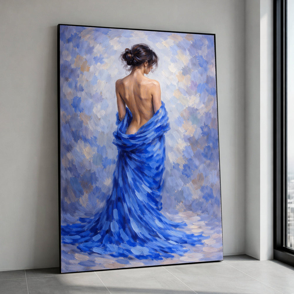 Elegant Woman Back View, Blue Draped Fabric Canvas, Impressionist Style Wall Art, Sensual Female Portrait, Home Décor Canvas Print Art