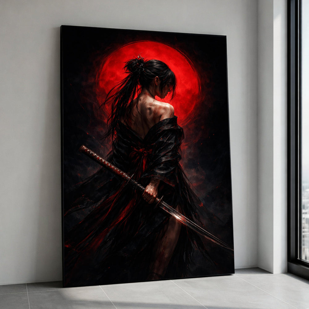 Fierce Female Samurai Canvas Art, Dark Warrior with Katana, Red Moon Background, Japanese Sword Wall Decor, Dramatic Anime Canvas Print Art
