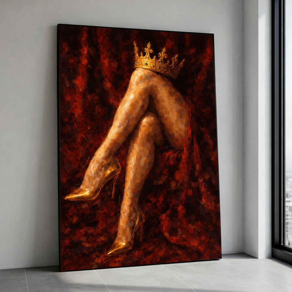 Regal Elegance, Golden High Heels Canvas, Crowned Legs Wall Art, Luxury Fashion Decor, Sensual Modern Painting, Glamour Canvas Print Art