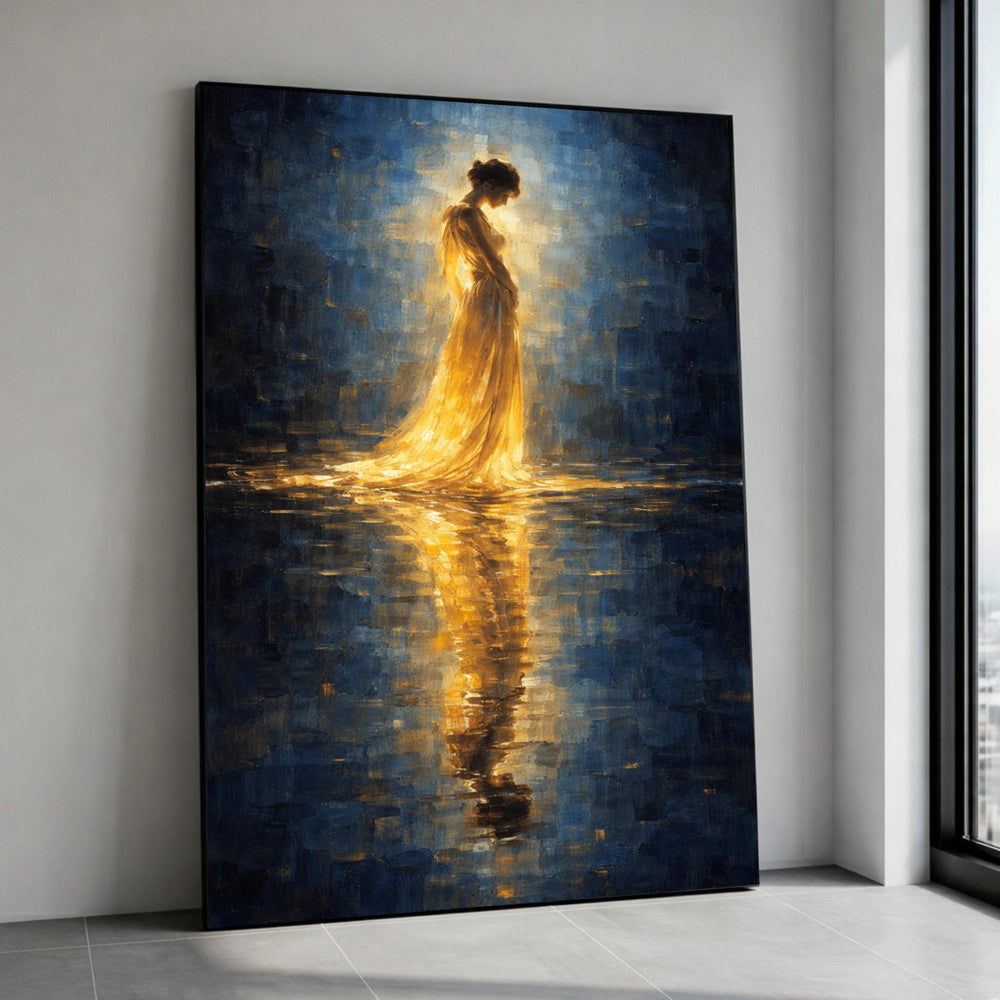 Radiant Woman Silhouette Canvas, Golden Light Reflection Wall Art, Elegant Female Figure Painting, Contemporary Home Decor, Canvas Print Art