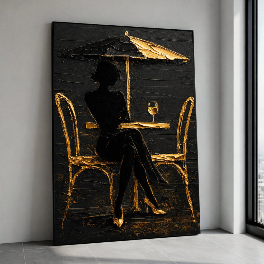 Elegant Woman Silhouette, Gold and Black Canvas, Modern Abstract Wall Art, Luxury Cafe Scene, Canvas Painting, Chic Home Canvas Print Art