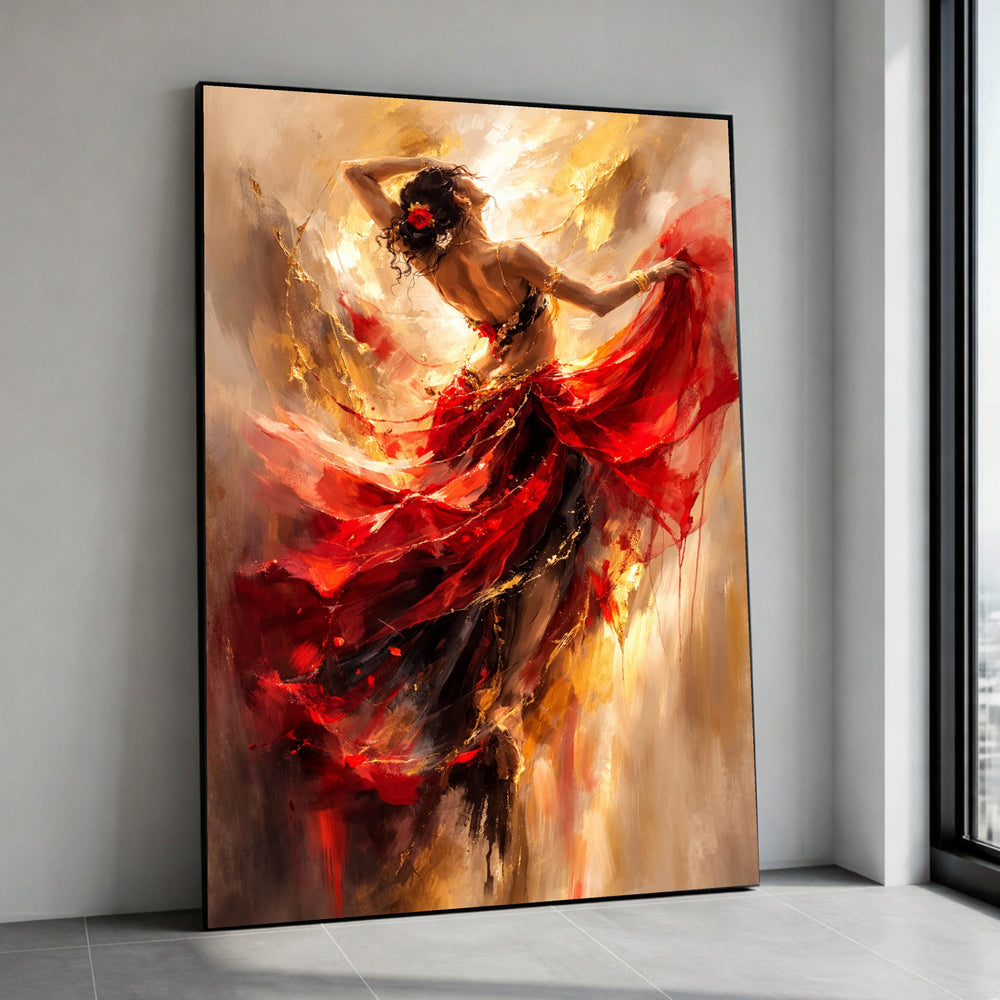 Passionate Flamenco Dancer Canvas, Red Flowing Dress Wall Art, Abstract Ballet Painting, Dance Movement Canvas, Elegant Canvas Print Art