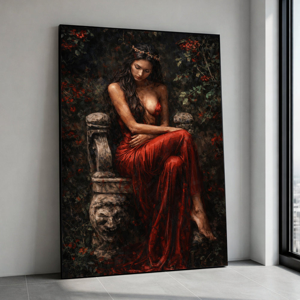 Elegant Woman in Red Dress Canvas, Romantic Figurative Wall Art, Vintage Garden Scene, Dramatic Portrait Canvas, Home Decor Canvas Print Art