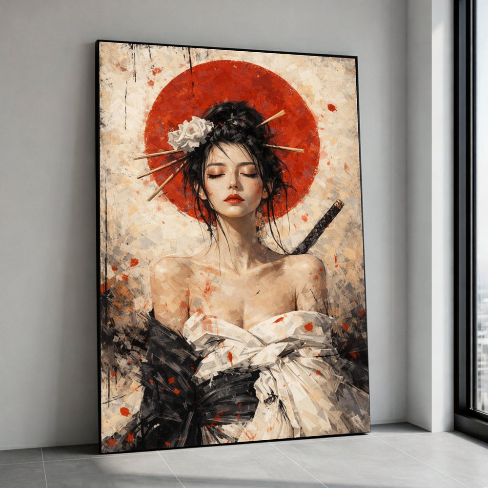 Elegant Geisha Portrait Canvas, Japanese Woman Art, Red Sun Background, Ethereal Beauty Wall Art, Modern Asian Canvas Decor Canvas Print Art