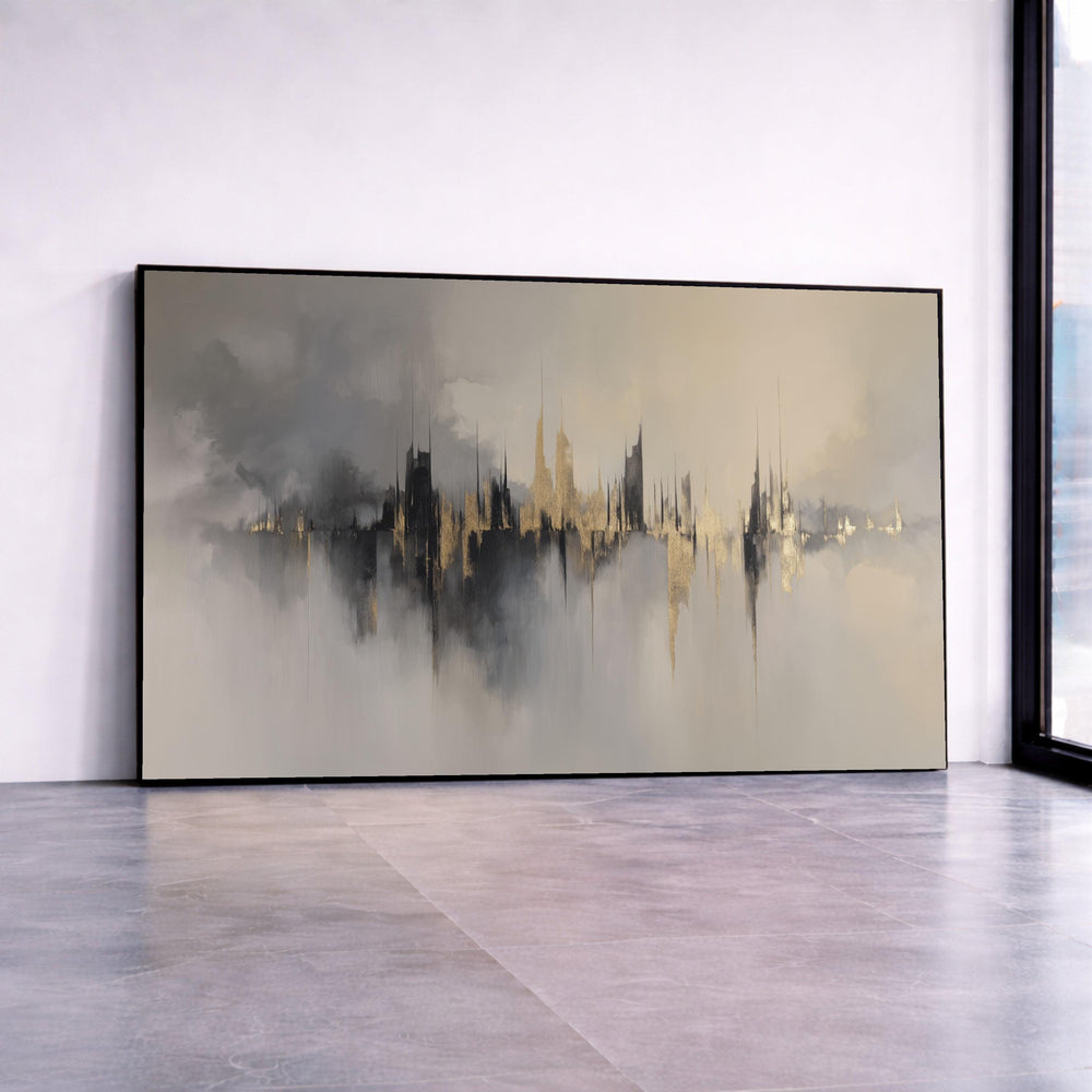 Abstract Cityscape Canvas Wall Art, Gold and Black Skyline Painting, Modern Urban Art, Large Contemporary Canvas, Home Canvas Print Art